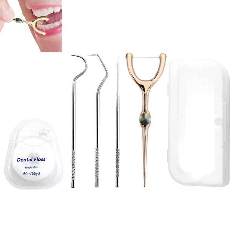 DKJEkdje Portable Toothpicks Pocket Set, Reusable Tooth Picks Flossers Dental Floss Picks Travel Tooth Picker Teeth Cleaning Kit for Adults, Rose Gold